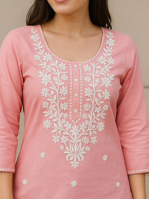 ROSHNI Floral Embroidered Thread Work Cotton Straight Short Kurta - Image 2