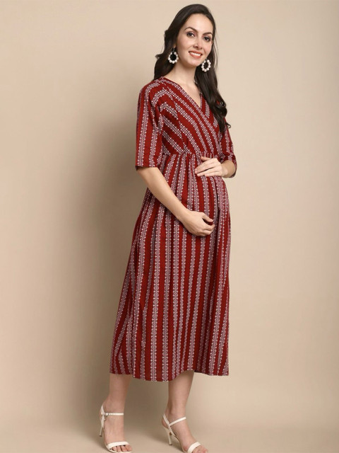 KHEJAL Women Maroon Soft & Stylish Comfort Maternity Midi Dress