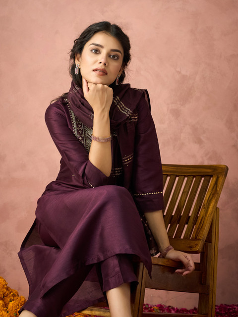 KALINI Floral Yoke Design Sequinned Straight Kurta with Trousers & Dupatta - Image 6