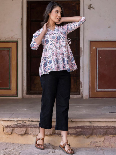 KALINI Floral Print Cotton Wrap Top