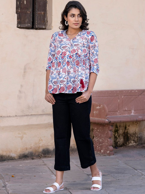 KALINI Floral Printed V Neck Three-Quarter Sleeves Cotton Angrakha Top