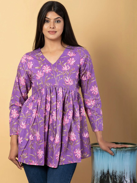 KALINI Women Floral Print Gathered or Pleated V-Neck Cotton Top