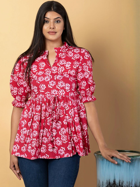 KALINI Floral Print Mandarin Collar Puff Sleeve Cotton Empire Top