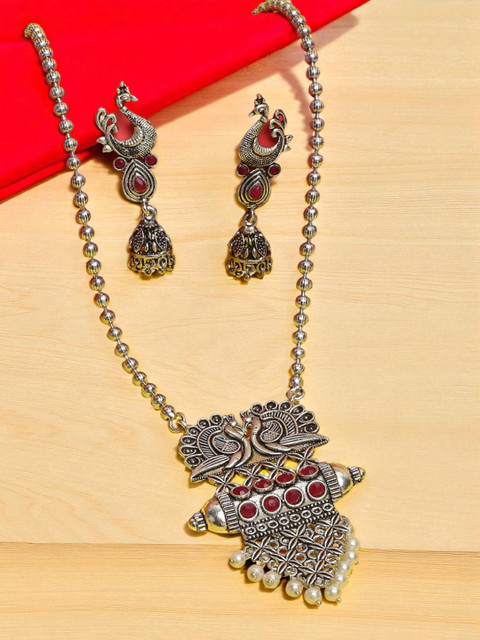 Sangria Women Stone Studded & Beaded Peacock Design Oxidised Ethnic Long Jewellery Set