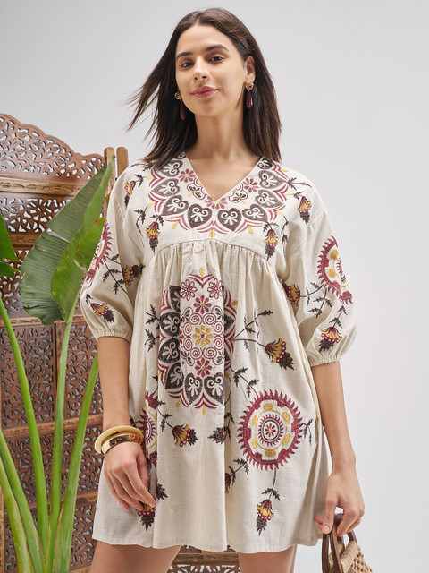 Vishudh Ethnic Motifs Embroidered Puff Sleeve A-Line Mini Dress