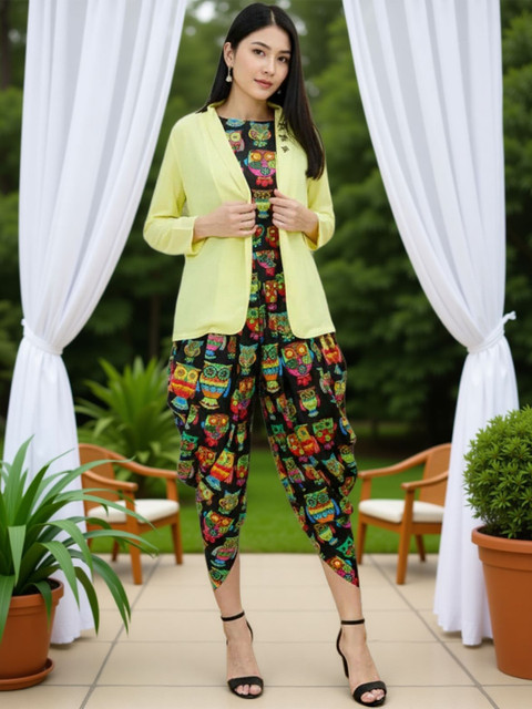 SZN Women Cotton Owl Printed Basic Jumpsuit With Embroidered Shrug