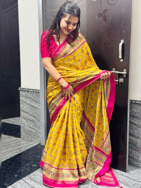 ROFOLO Ethnic Motifs Printed Mirror Work Pashmina Patola Saree