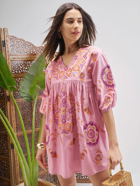 Vishudh Women Ethnic Motifs Embroidered A-Line Mini Dress