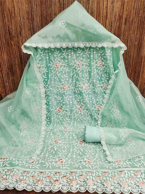 NEGRONI Floral Embroidered Thread Work Organza Unstitched Dress Material