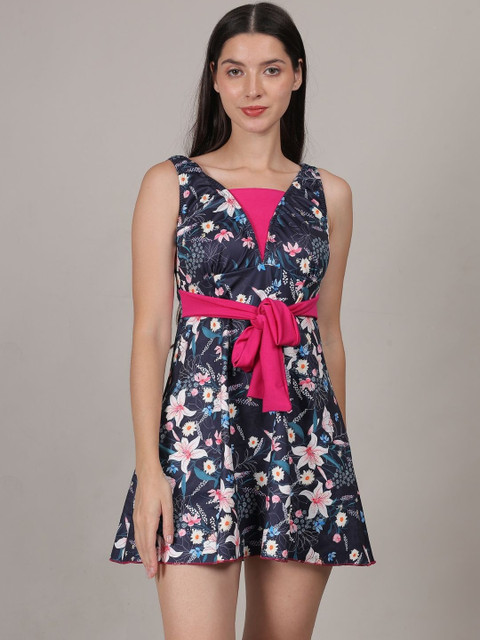 MEGASKA Floral Printed V-Neck Full Coverage Swimming Dress