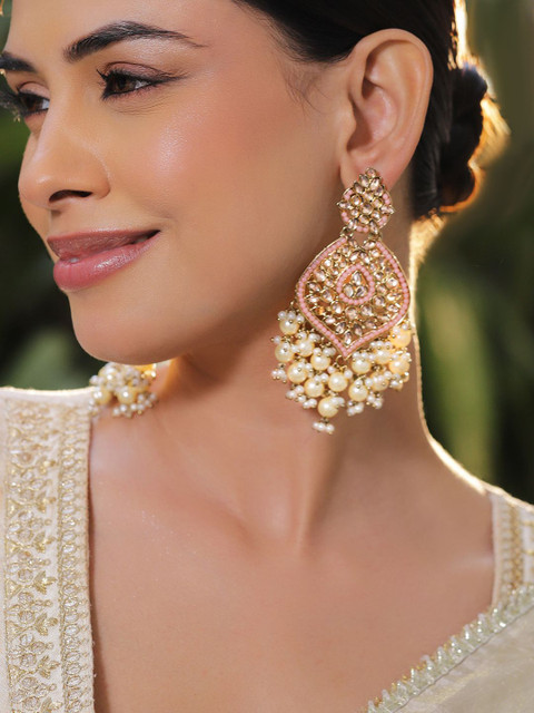 Rubans 18K Gold-Plated Pastel Pink Kundan & Glossy Off-White Pearl Beaded Long Chandelier