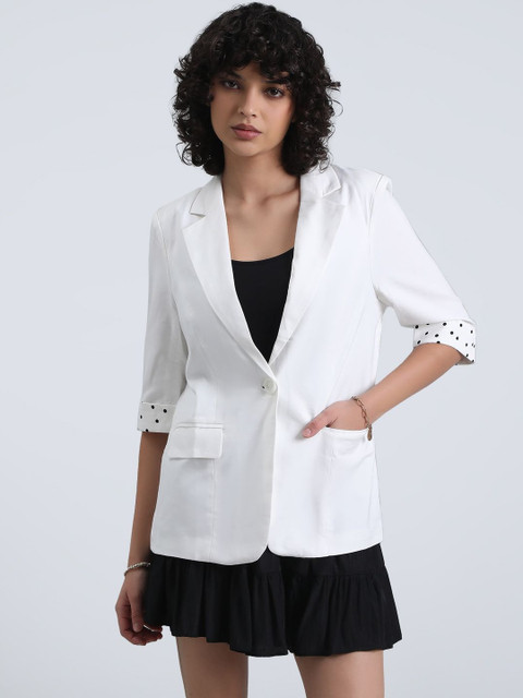 SHOWOFF Women Off White Single-Breasted Blazer with Shoulder Pads