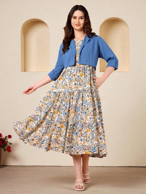 Azira Women Floral Printed Shoulder Straps Fit & Flare Midi Ethnic Dress with Jacket