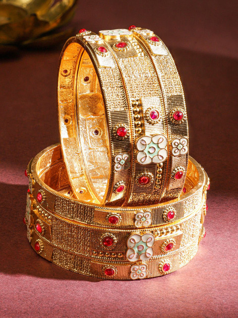 Rubans Set of 6 18K Gold-Plated Ruby Red Stones & Floral Enamel Studded Brass Bangles