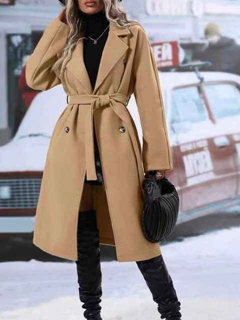 HERE&NOW Women Beige Woollen Double Collar Long Coat