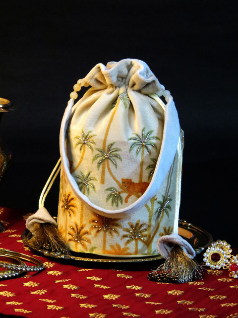 Mid July Home Unisex Palm Tree & Leopard Embroidered Potli Clutch