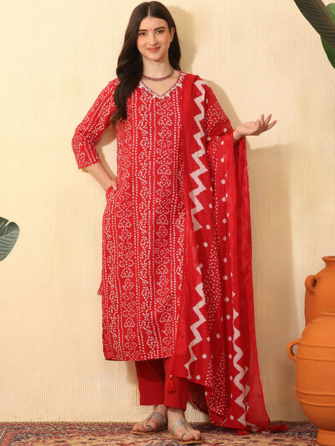 Sangria Bandhani Printed V-Neck Thread Work Pure Cotton Kurta With Trousers & Dupatta