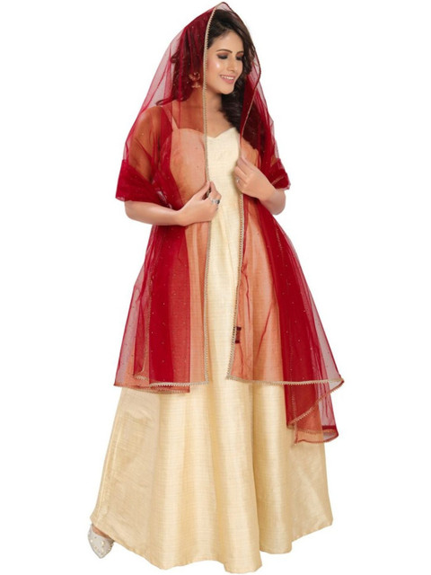 Avantrys Women Maroon Stone Sequins Embroidered Nylon Dupatta