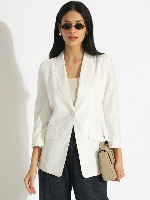 SHOWOFF Women Off White Single-Breasted Blazer with Shoulder Pads