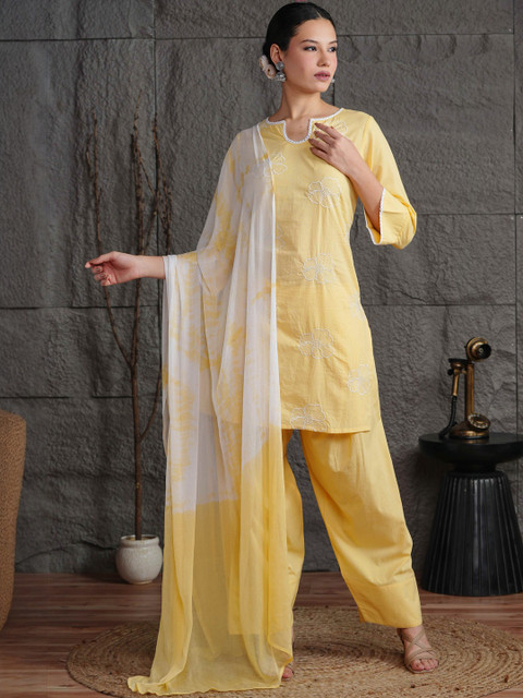 Anouk Women Floral Embroidered Regular Thread Work Pure Cotton Kurta Farshi Salwar with Dupatta