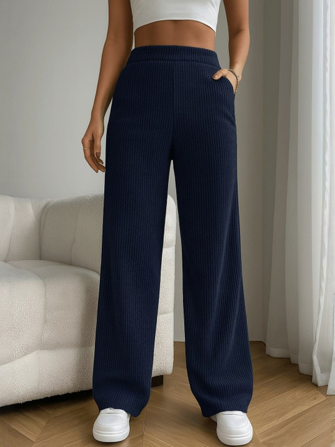 CORSICA Women Navy Blue Solid Relaxed Straight Fit Corduroy Parallel Trousers