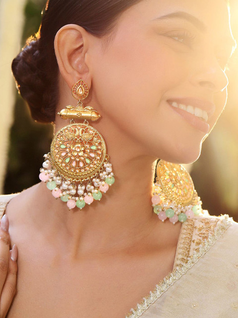 Rubans 18K Antique Gold-Plated Brass Peacock Motif Big Chandbali with Pearl & Pastel Beads