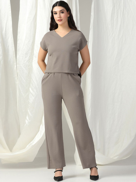 SZN Women Taupe Textured V-Neck Top With Trousers Co-Ord Set