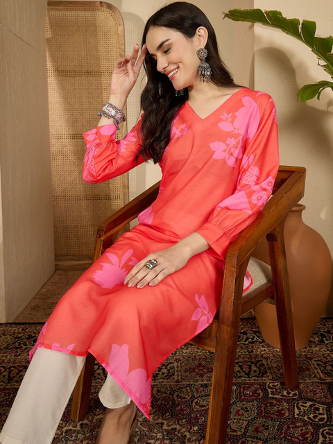 Sangria Women Floral Printed V Neck Straight Kurta