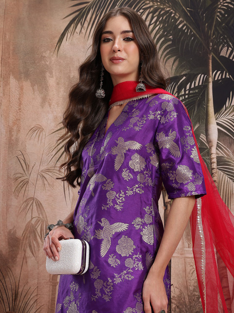 Sangria Ethnic Motifs Foil Printed V-Neck Kurta with Sharara