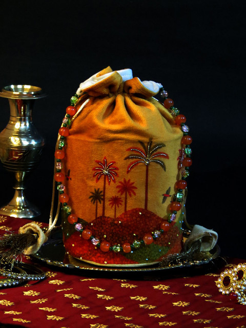 Mid July Home Unisex Beaded Handle And Palm Embroidered Potli Clutch