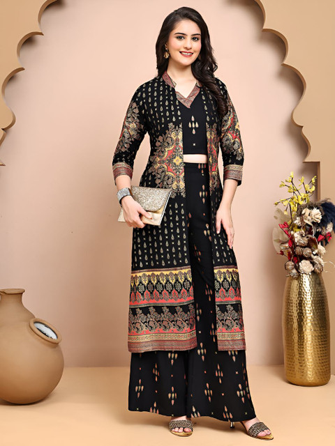 Claura Women Ethnic Motif Printed Top & Trousers WIth Jacket