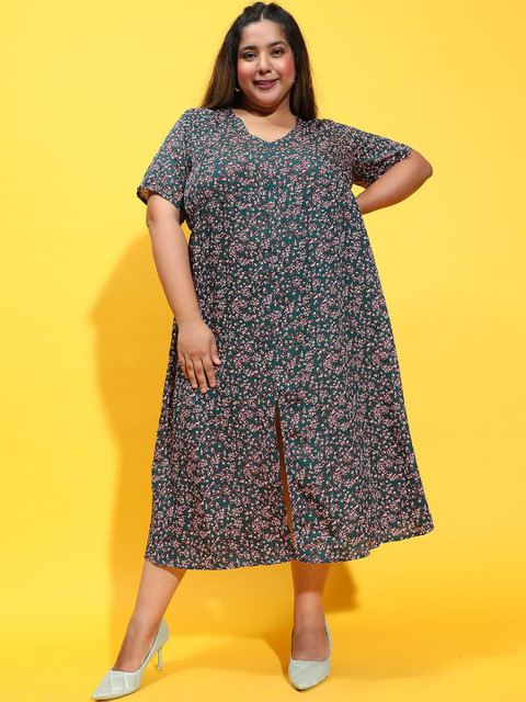 CLOCHOICE Women Plus Size Floral Printed V-Neck Slits A-Line Midi Dress