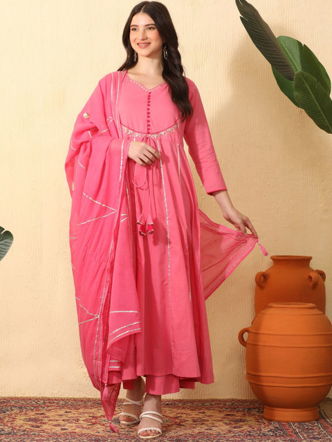 Sangria Women Ethnic Motifs Empire Sequinned Pure Cotton Kurta Trousers & Dupatta