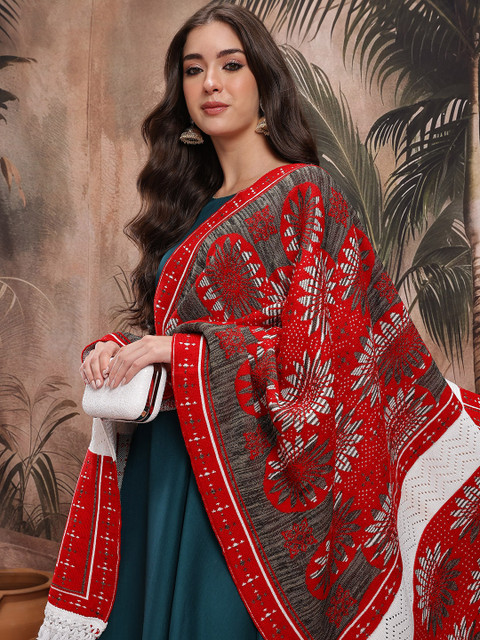 Sangria Floral Woven Design Wool Shawl With Tassels