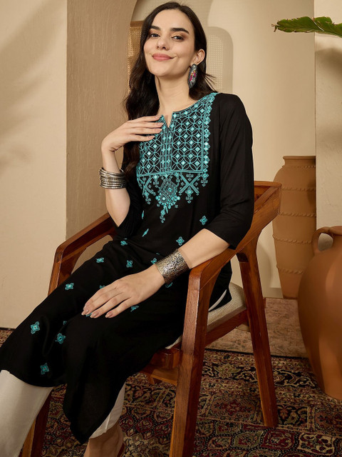 Sangria Women Embroidered Mirror Work Calf Length Kurta