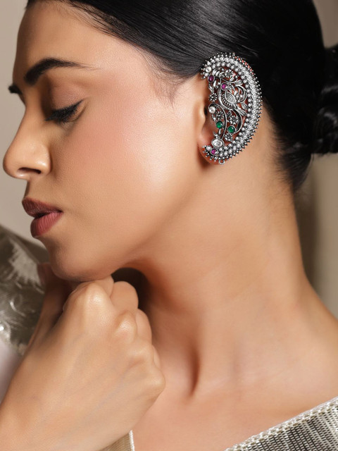 Rubans Rhodium-Plated Oxidised Green, Pink & White Stone Peacock Motif Oversized Earcuff