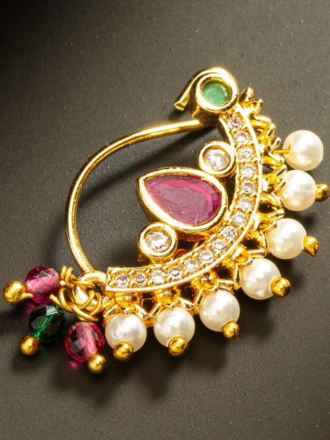 aadita Gold-Plated Artificial Stones Studded & Pearls Beaded Stud Nosepin