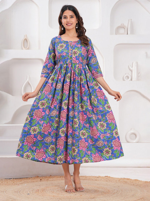 FASHDHUN Women Floral Printed Round Neck Casual Midi Dress