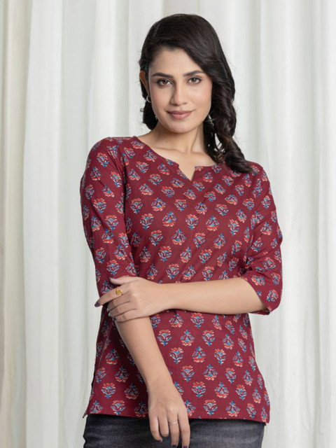NUNCHII Ruhani Maroon Cotton Short Kurti