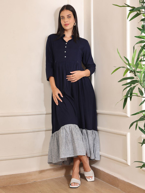 Aanyor Women Checked Gathered Shirt Collared Cotton Maternity Fit & Flare Maxi Dress