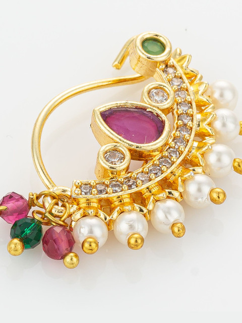aadita Gold-Plated Artificial Stones Studded & Pearls Beaded Stud Nosepin - Image 4
