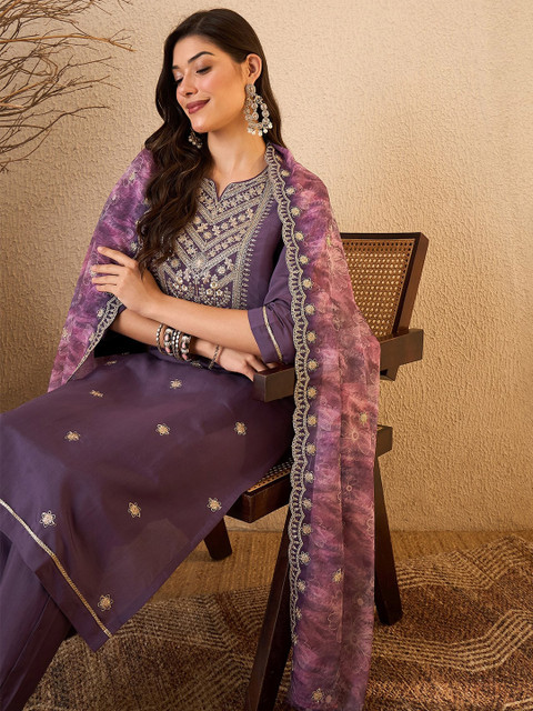 Royal Export Women Ethnic Motifs Embroidered Regular Thread Work Kurta with Trousers & With Dupatta