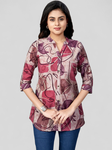Saree Swarg Women Abstract Print Mandarin Collar Top