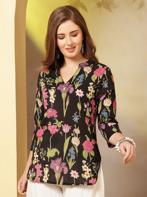 Anouk Rustic Floral Printed Mandarin Collar Cotton Top