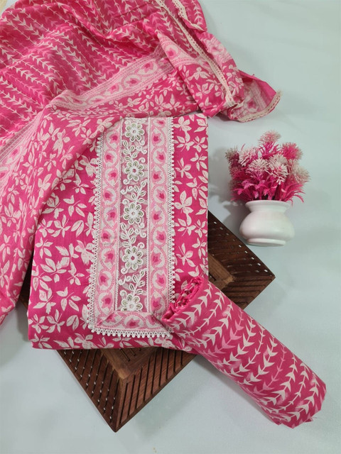 M S MODERN SUPER Floral Printed Thread Work Pure Cotton Unstitched Dress Material