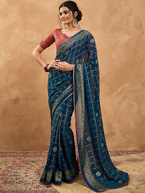 Saree mall Ethnic Motif Woven Design Zari Pure Chiffon Bandhani Sarees - Image 4