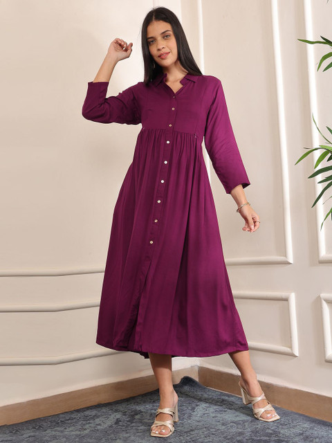 Aanyor Women Gathered or Pleated Maternity Cotton Fit & Flare Midi Dress