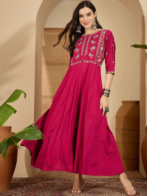 Sangria Women Fuchsia Floral Embroidered Ethnic Dress