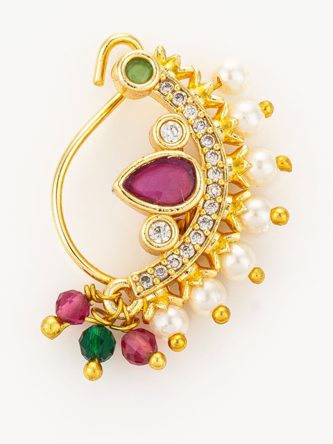 aadita Gold-Plated Artificial Stones Studded & Pearls Beaded Stud Nosepin - Image 5