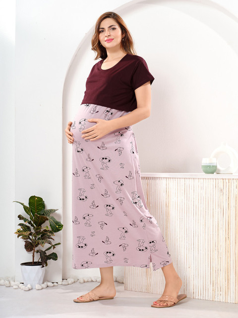 EASY MOM Women Printed Maternity Feeding Maxi Nightdress